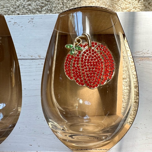 (LAST SET) NWT Haymarket Square Rhinestone Pumpkin Stemless Glasses HALLOWEEN - Picture 5 of 12